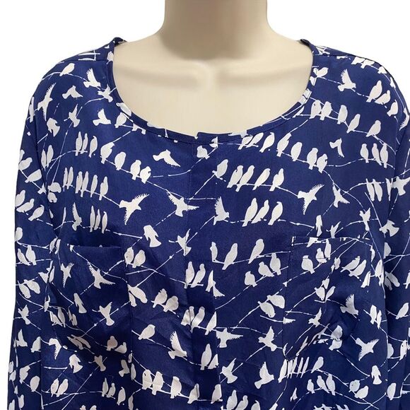 Elementz Birds on a Wire Button Front Blouse Convertible Sleeves Blue Sz XL - Picture 2 of 8